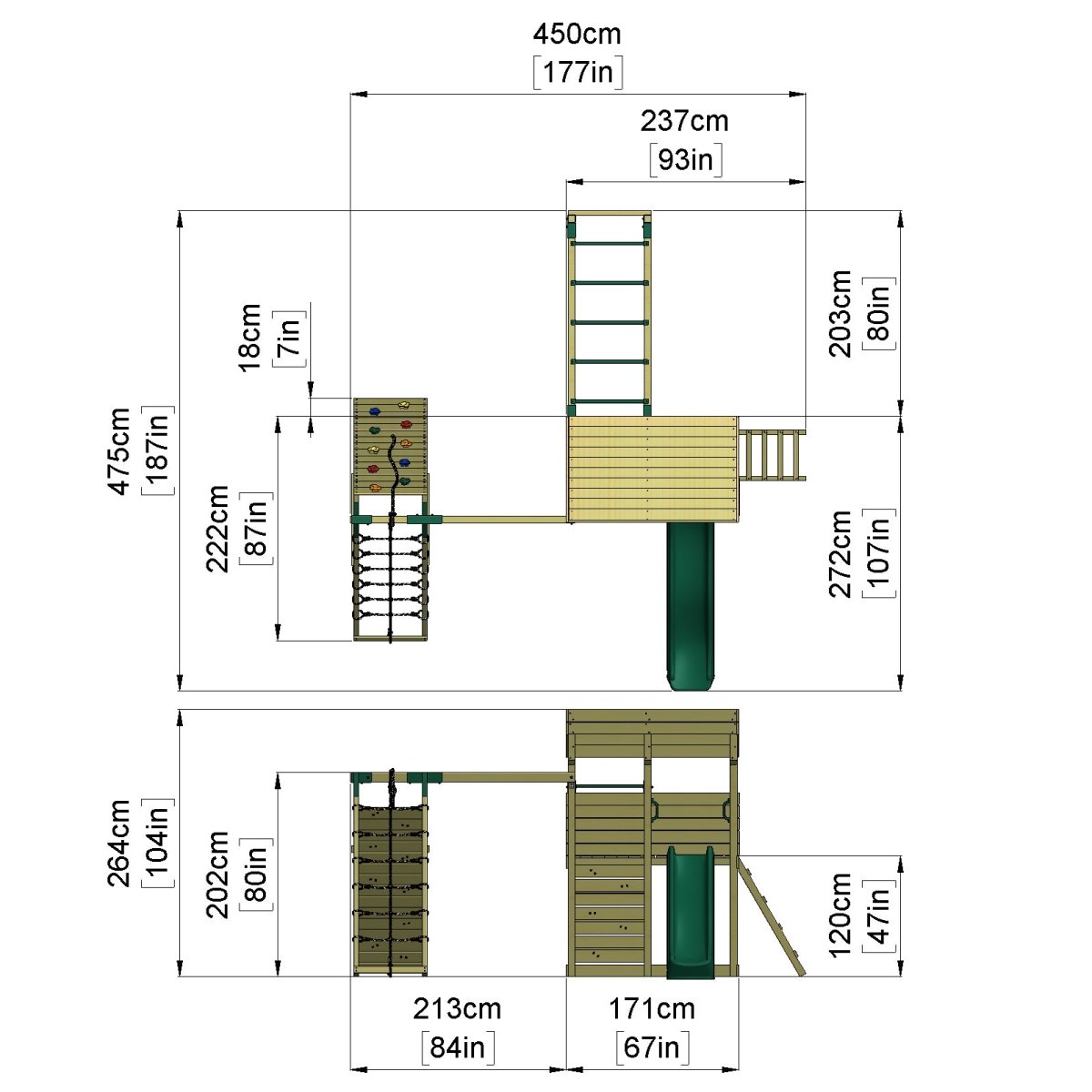 ClassicPlay Outpost XL Lookout Tower with 1.2m Deck, Single Swing, Monkey Bars, Climbing Wall and Slide