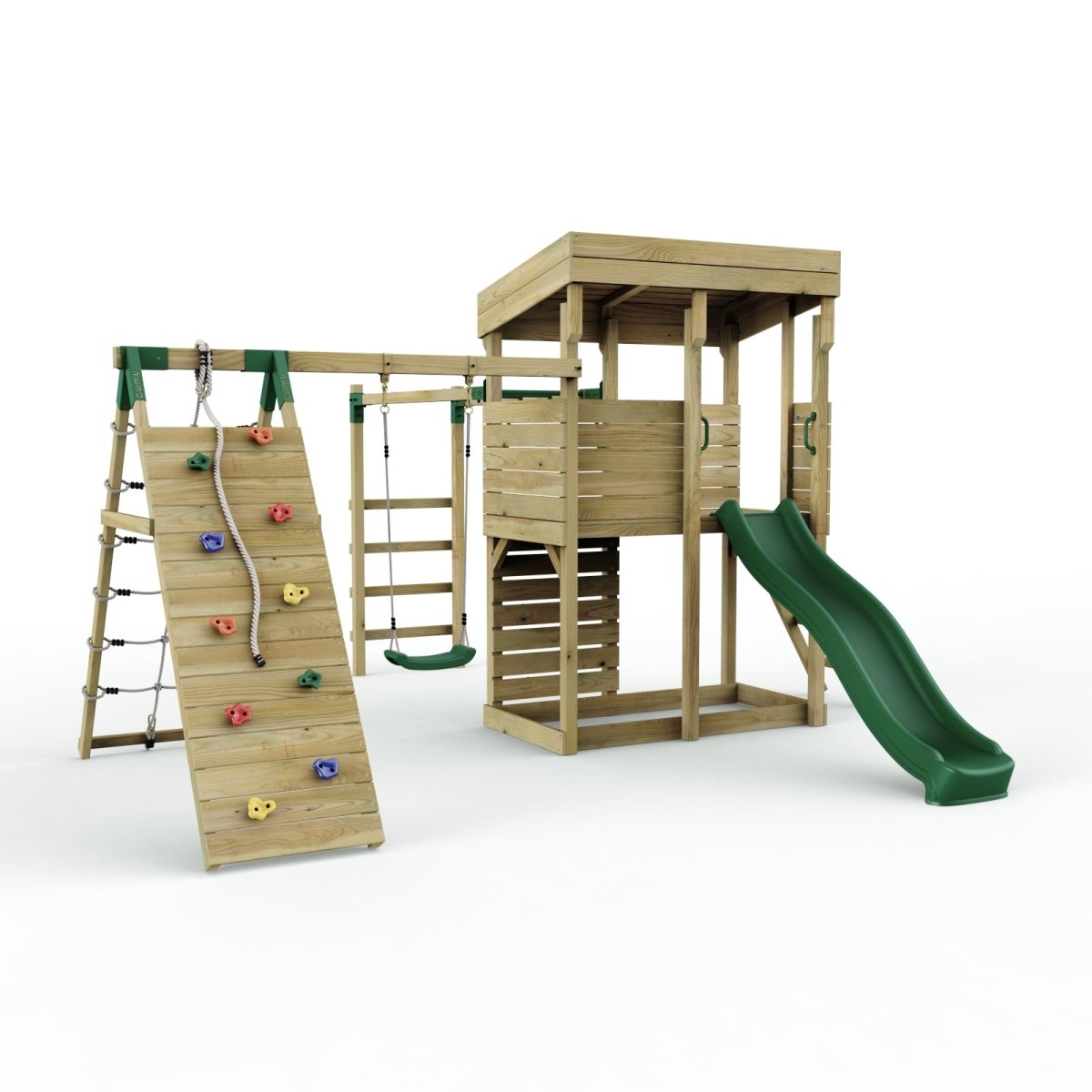 ClassicPlay Outpost XL Lookout Tower with 1.2m Deck, Single Swing, Monkey Bars, Climbing Wall and Slide
