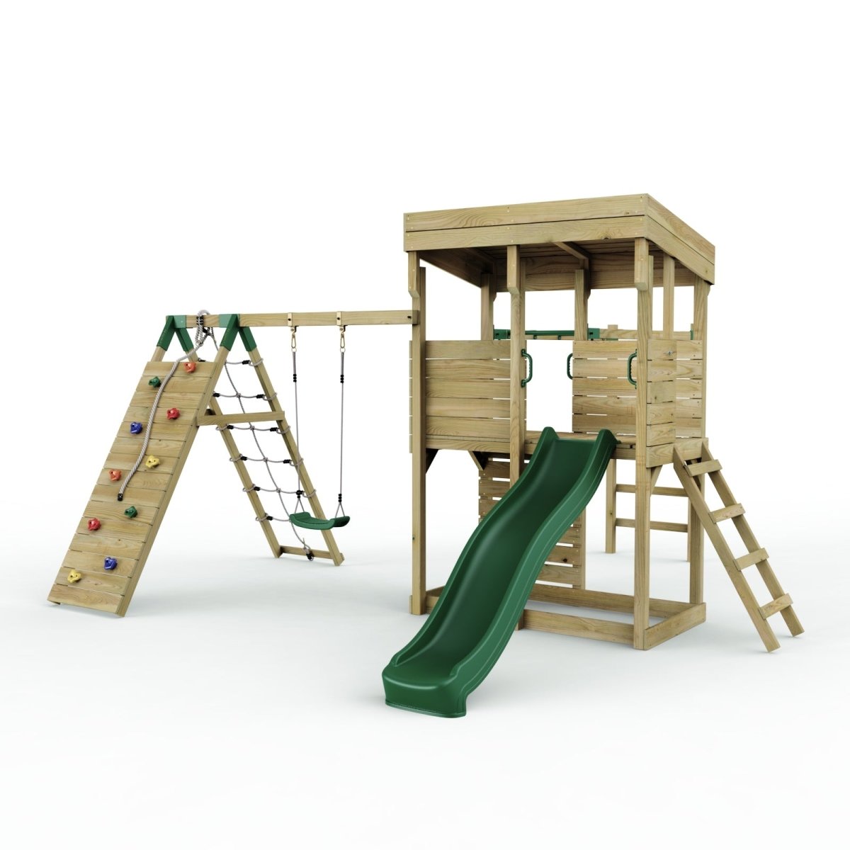 ClassicPlay Outpost XL Lookout Tower with 1.2m Deck, Single Swing, Monkey Bars, Climbing Wall and Slide