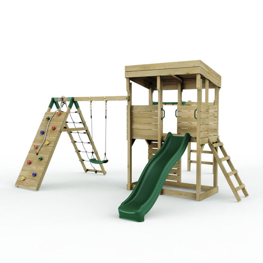 ClassicPlay Outpost XL Lookout Tower with 1.2m Deck, Single Swing, Monkey Bars, Climbing Wall and Slide