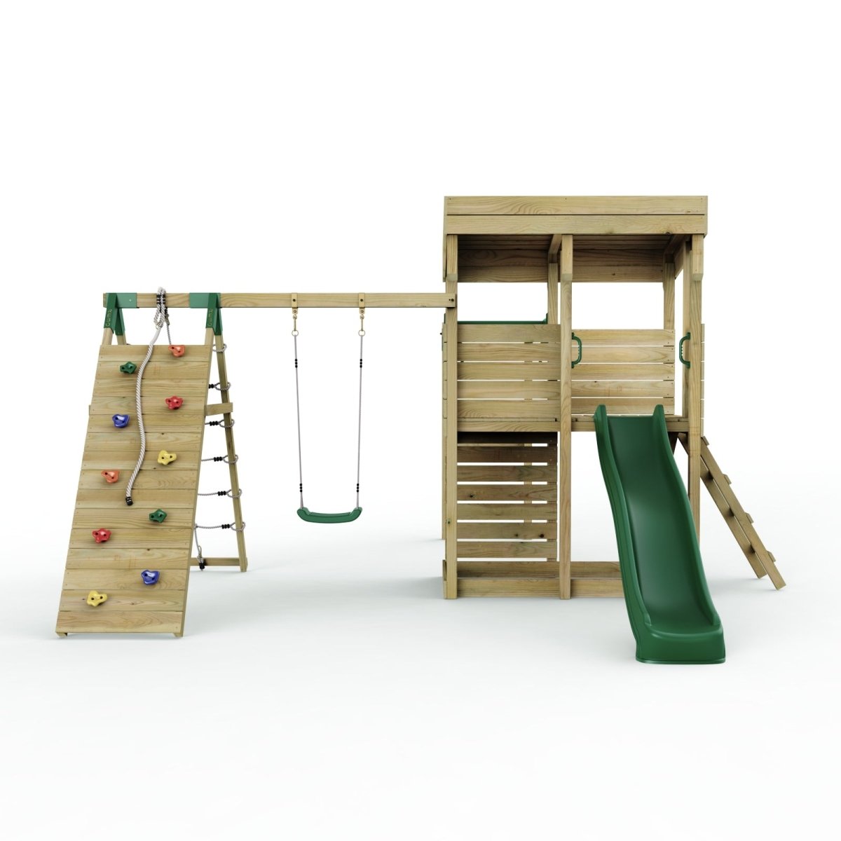 ClassicPlay Outpost XL Lookout Tower with 1.2m Deck, Single Swing, Monkey Bars, Climbing Wall and Slide