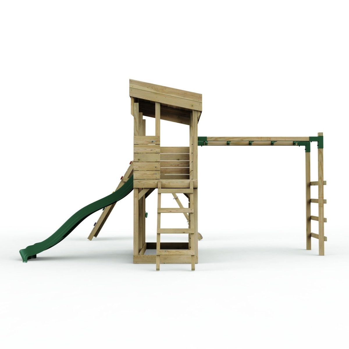 ClassicPlay Outpost XL Lookout Tower with 1.2m Deck, Single Swing, Monkey Bars, Climbing Wall and Slide