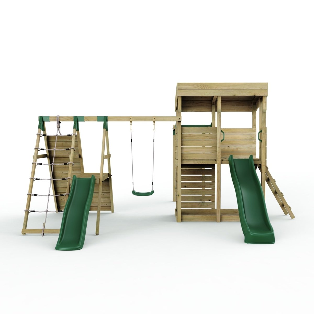 ClassicPlay Outpost XL Lookout Tower with 1.2m Deck, Single Swing, Monkey Bars, Climbing Wall and Slides