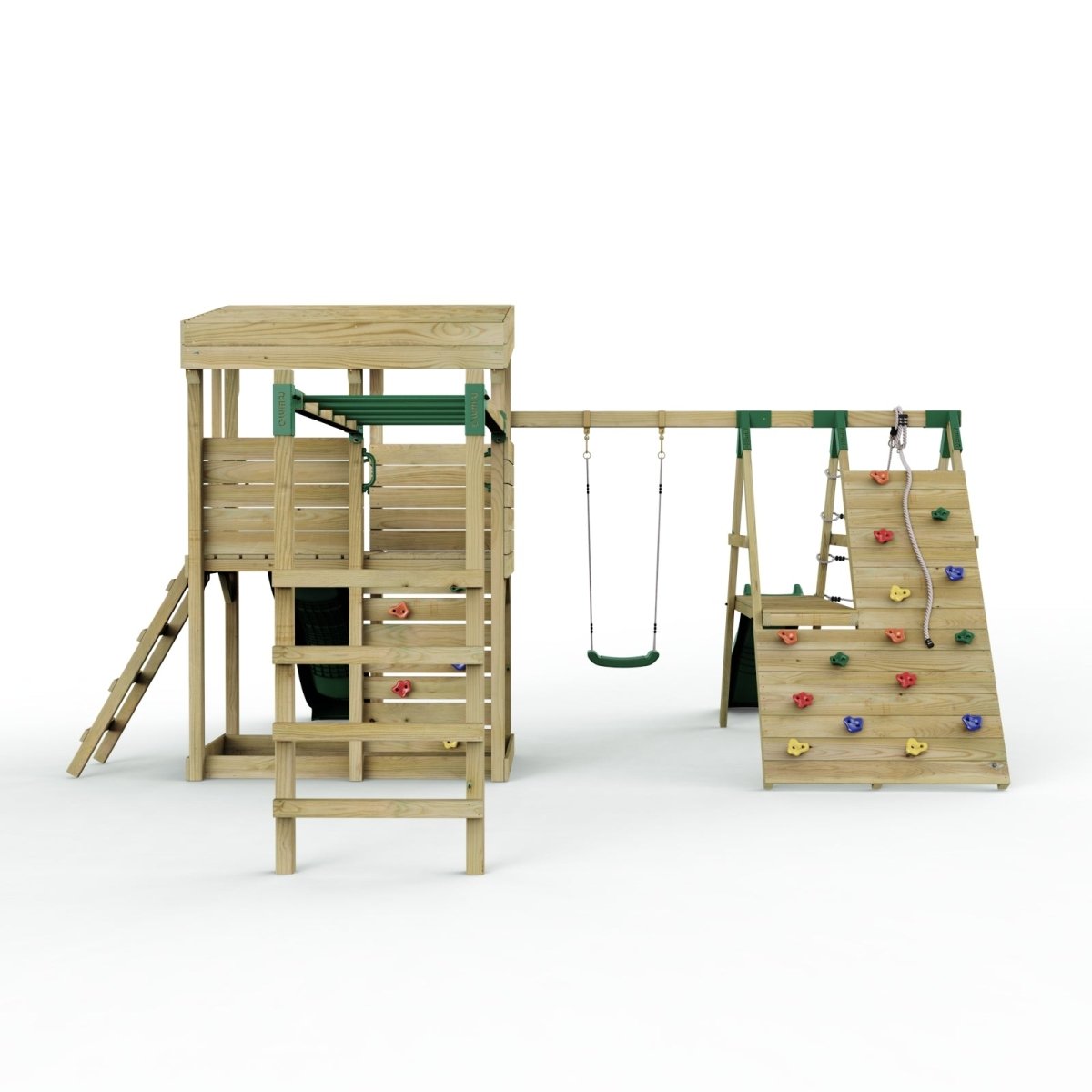 ClassicPlay Outpost XL Lookout Tower with 1.2m Deck, Single Swing, Monkey Bars, Climbing Wall and Slides