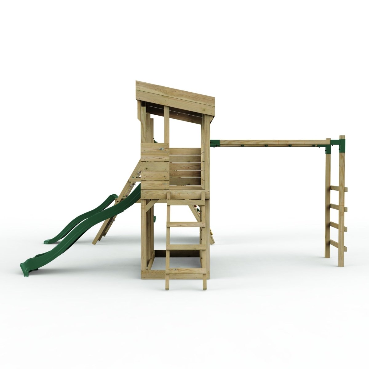 ClassicPlay Outpost XL Lookout Tower with 1.2m Deck, Single Swing, Monkey Bars, Climbing Wall and Slides