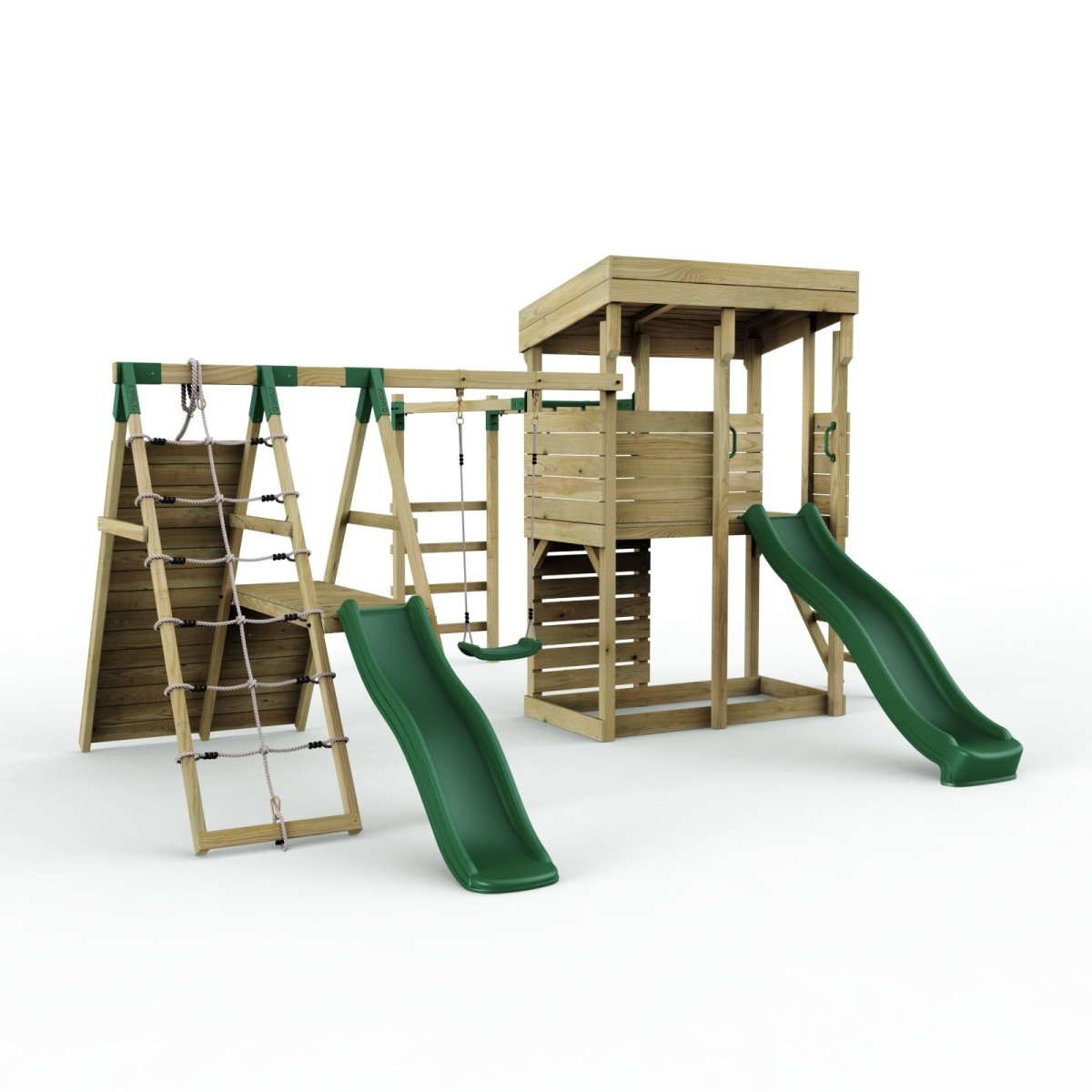 ClassicPlay Outpost XL Lookout Tower with 1.2m Deck, Single Swing, Monkey Bars, Climbing Wall and Slides