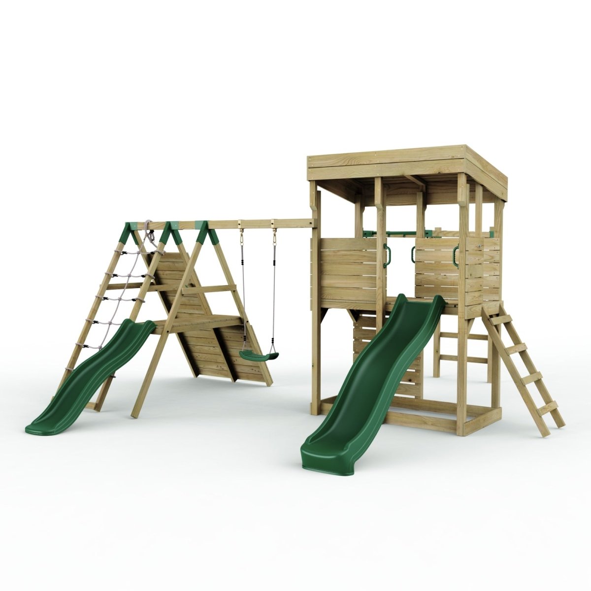 ClassicPlay Outpost XL Lookout Tower with 1.2m Deck, Single Swing, Monkey Bars, Climbing Wall and Slides